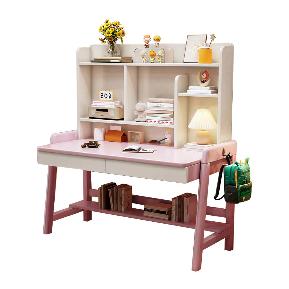 LIVARA Adjustable Solid Wood Study Desk - 80/100/120cm Height Adjustable Kids Learning Table with Storage Shelf - Pink & White