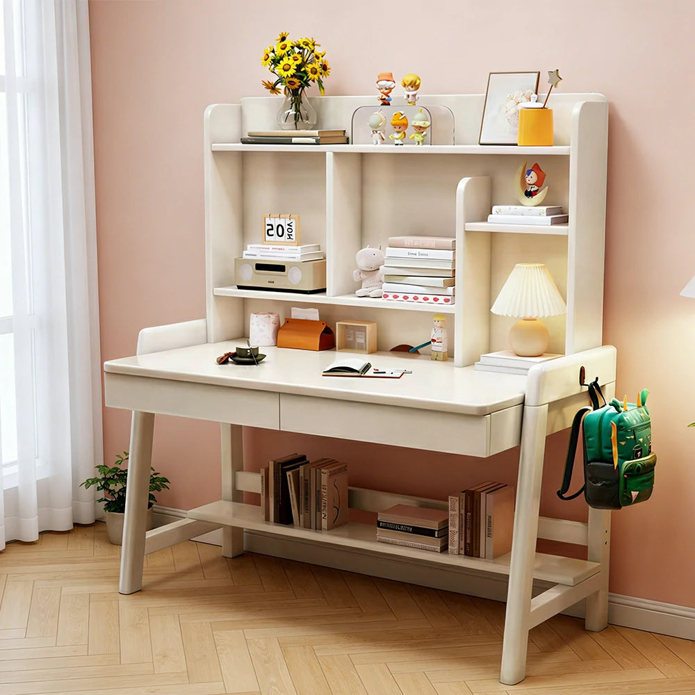 LIVARA Adjustable Solid Wood Study Desk - 80/100/120cm Height Adjustable Kids Learning Table with Storage Shelf - White