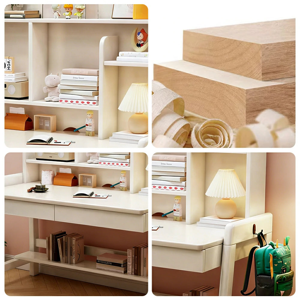 LIVARA Adjustable Solid Wood Study Desk - 80/100/120cm Height Adjustable Kids Learning Table with Storage Shelf - White