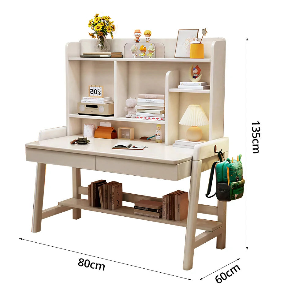 LIVARA Adjustable Solid Wood Study Desk - 80/100/120cm Height Adjustable Kids Learning Table with Storage Shelf - White