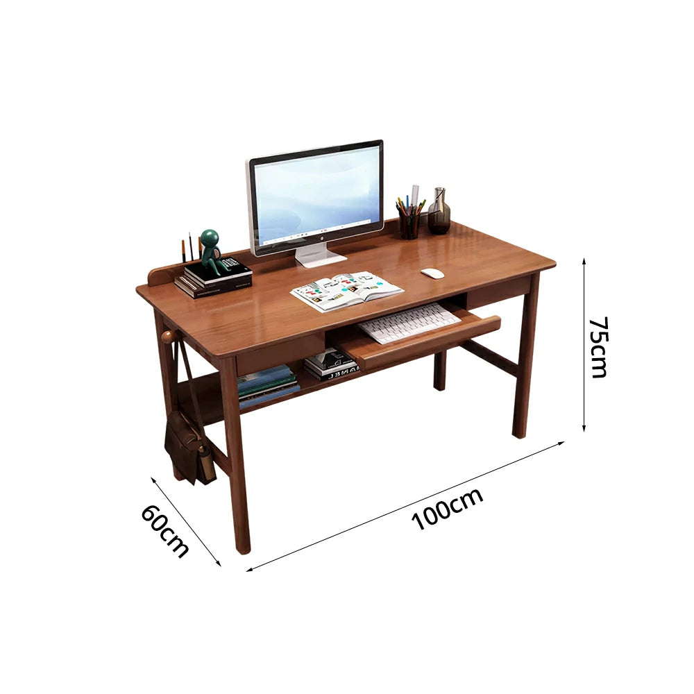 LIVARA Solid Wood Study Desk - 90/100/120cm Computer Table with Keyboard Tray, Durable Hardwood Construction for Home & Office - Walnut