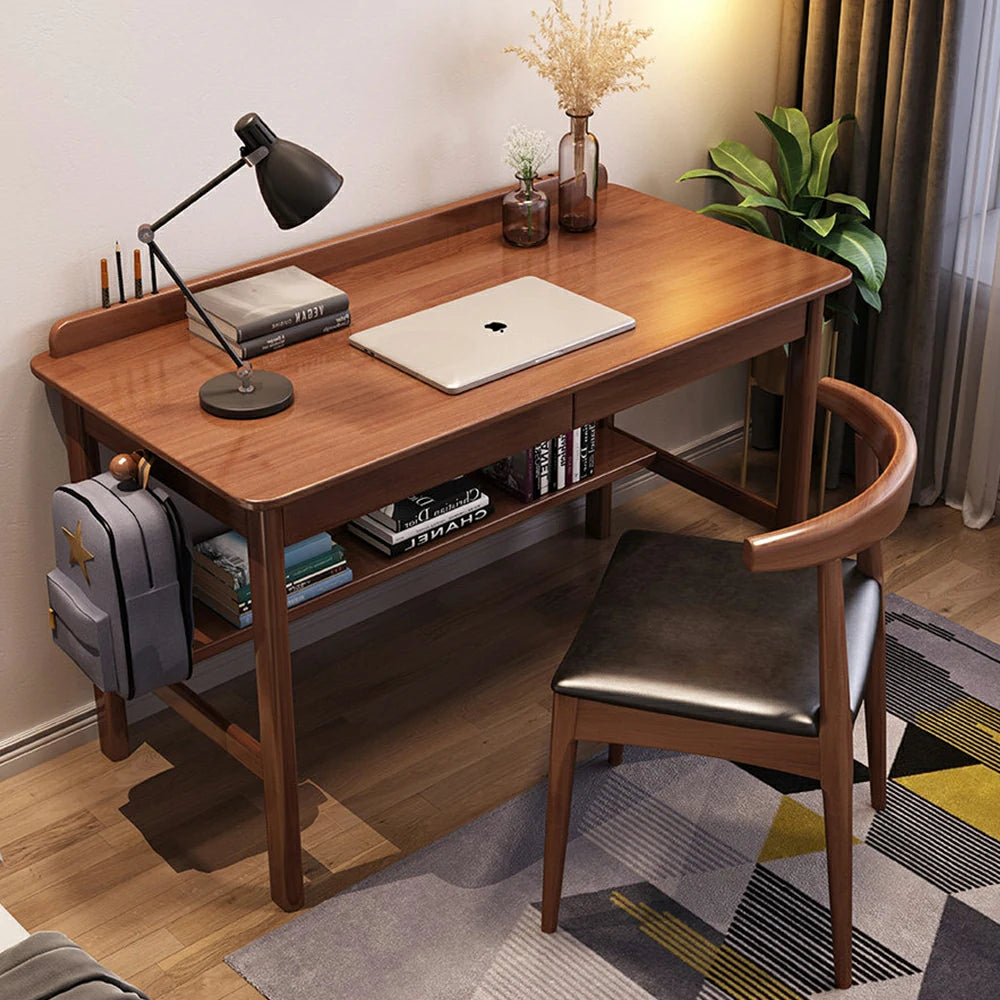 LIVARA Solid Wood Study Desk - 90/100/120cm Computer Table with Keyboard Tray, Durable Hardwood Construction for Home & Office - Walnut