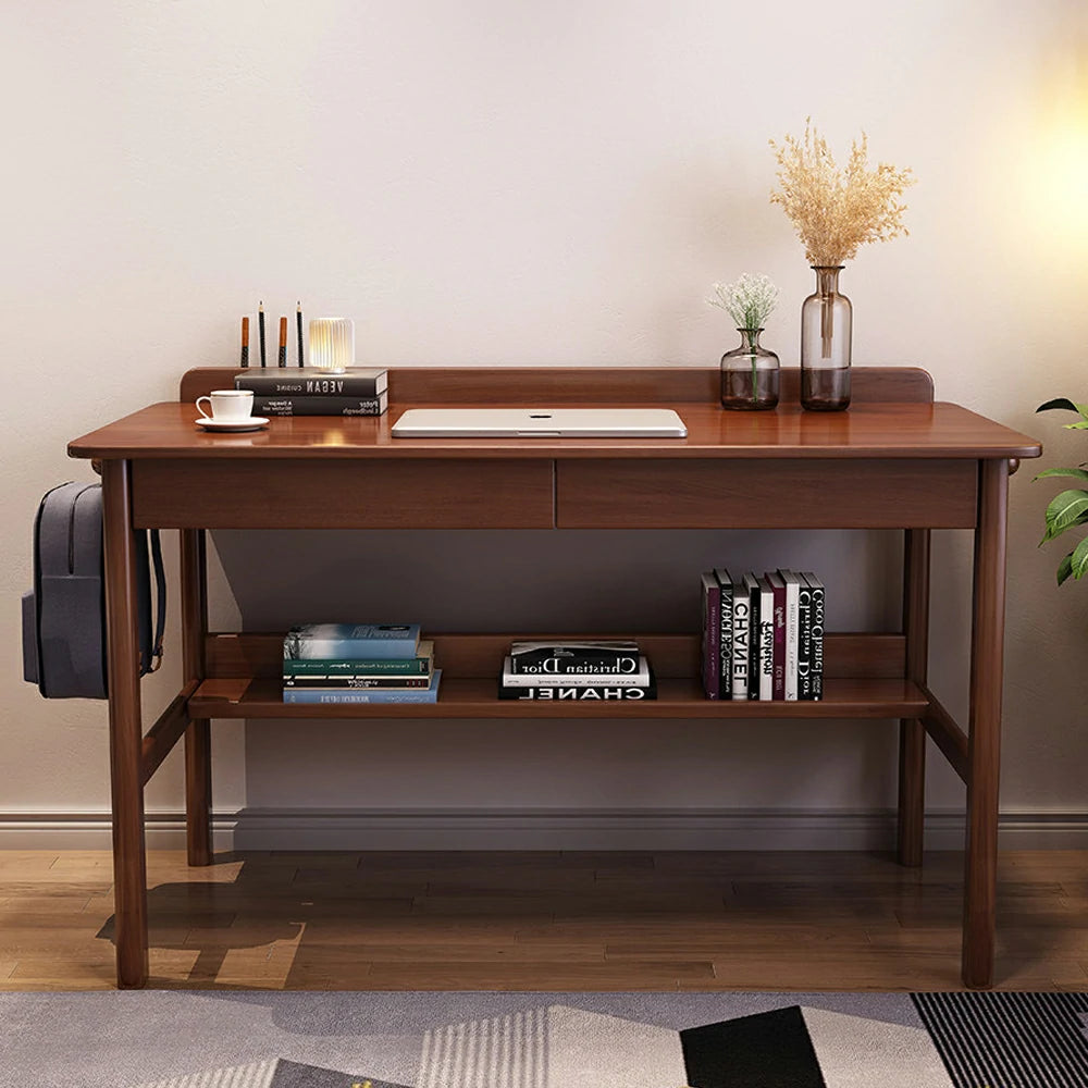 LIVARA Solid Wood Study Desk - 90/100/120cm Computer Table with Keyboard Tray, Durable Hardwood Construction for Home & Office - Walnut