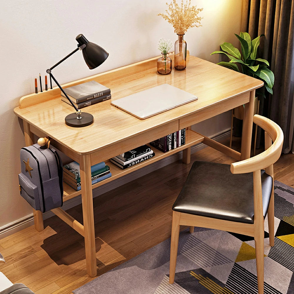 LIVARA Solid Wood Study Desk - 90/100/120cm Computer Table with Keyboard Tray, Durable Hardwood Construction for Home & Office - Wood