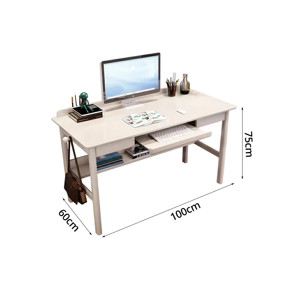 LIVARA Solid Wood Study Desk - 90/100/120cm Computer Table with Keyboard Tray, Durable Hardwood Construction for Home & Office - White
