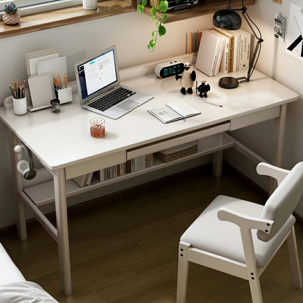 LIVARA Solid Wood Study Desk - 90/100/120cm Computer Table with Keyboard Tray, Durable Hardwood Construction for Home & Office - White