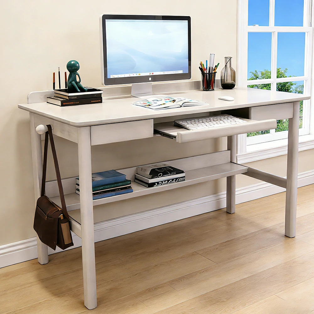 LIVARA Solid Wood Study Desk - 90/100/120cm Computer Table with Keyboard Tray, Durable Hardwood Construction for Home & Office - White