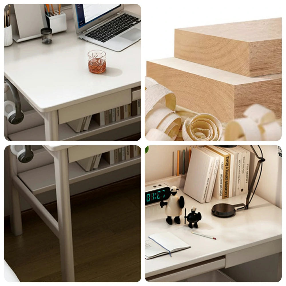 LIVARA Solid Wood Study Desk - 90/100/120cm Computer Table with Keyboard Tray, Durable Hardwood Construction for Home & Office - White