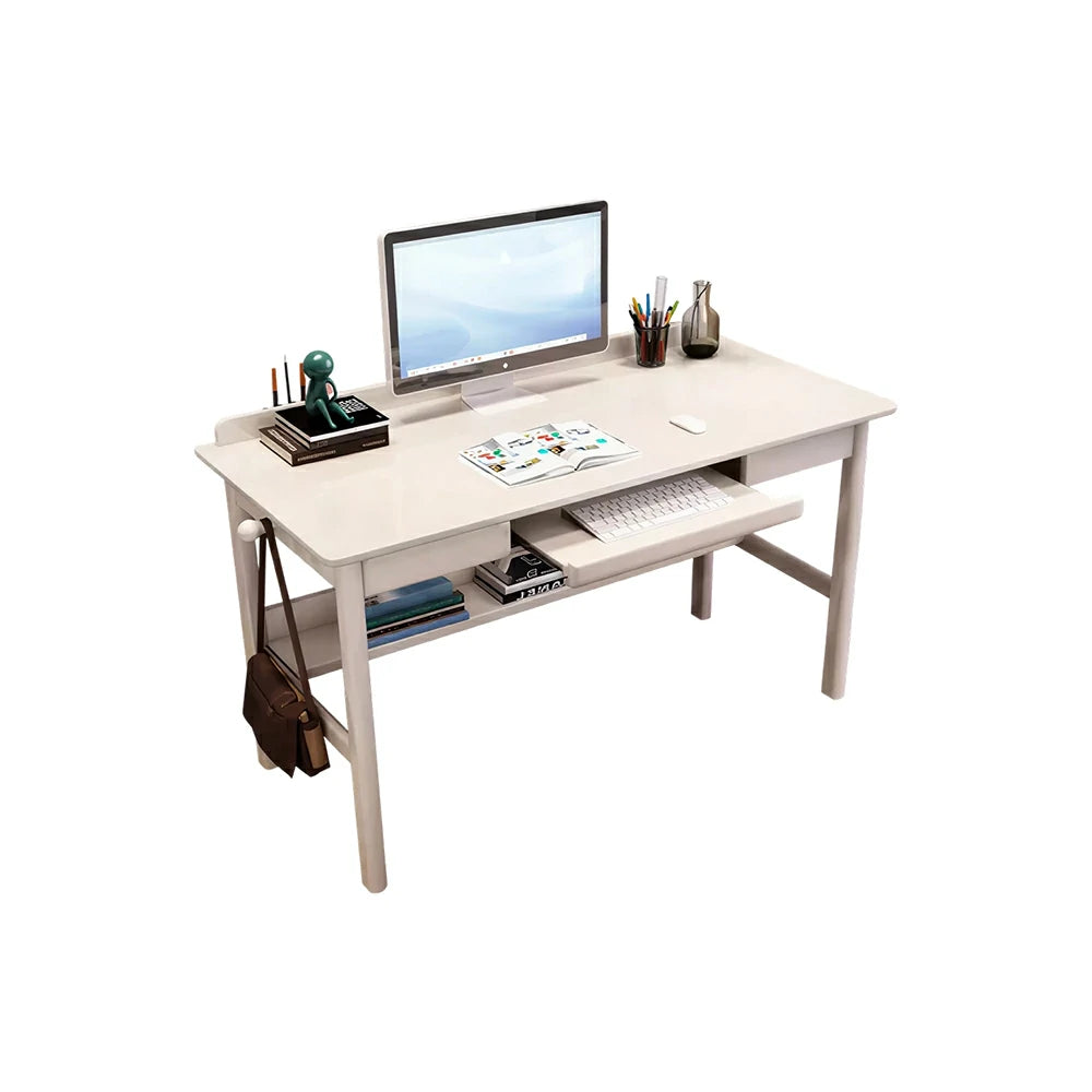 LIVARA Solid Wood Study Desk - 90/100/120cm Computer Table with Keyboard Tray, Durable Hardwood Construction for Home & Office - White