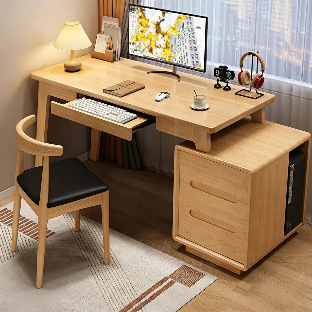 LIVARA Solid Wood Study Desk - 100/120/140cm Computer Table with Extendable Storage Cabinet & Hidden Keyboard Tray for Home Office - Natural Wood