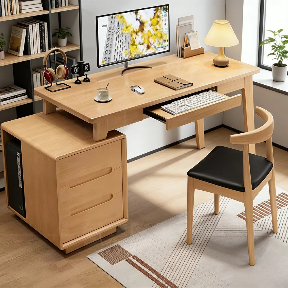 LIVARA Solid Wood Study Desk - 100/120/140cm Computer Table with Extendable Storage Cabinet & Hidden Keyboard Tray for Home Office - Natural Wood