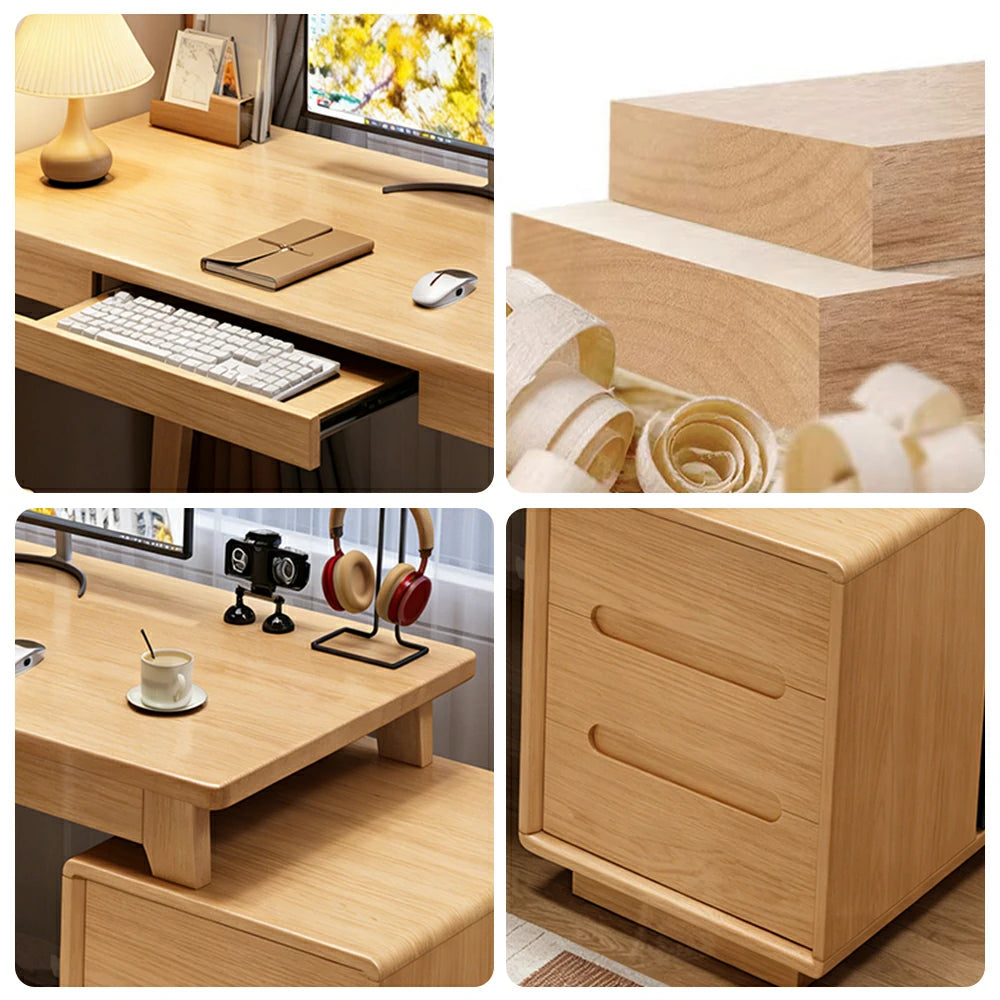 LIVARA Solid Wood Study Desk - 100/120/140cm Computer Table with Extendable Storage Cabinet & Hidden Keyboard Tray for Home Office - Natural Wood