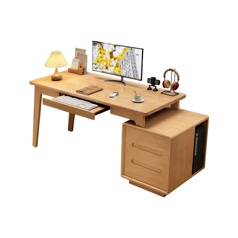 LIVARA Solid Wood Study Desk - 100/120/140cm Computer Table with Extendable Storage Cabinet & Hidden Keyboard Tray for Home Office - Natural Wood