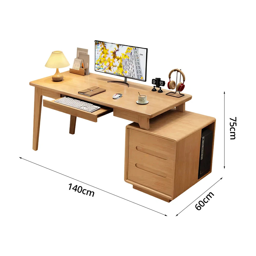 LIVARA Solid Wood Study Desk - 100/120/140cm Computer Table with Extendable Storage Cabinet & Hidden Keyboard Tray for Home Office - Natural Wood