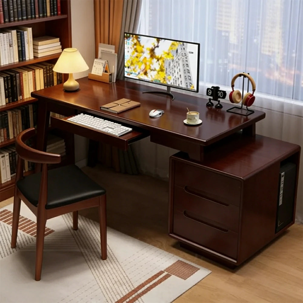 LIVARA Solid Wood Study Desk - 100/120/140cm Computer Table with Extendable Storage Cabinet & Hidden Keyboard Tray for Home Office - Walnut