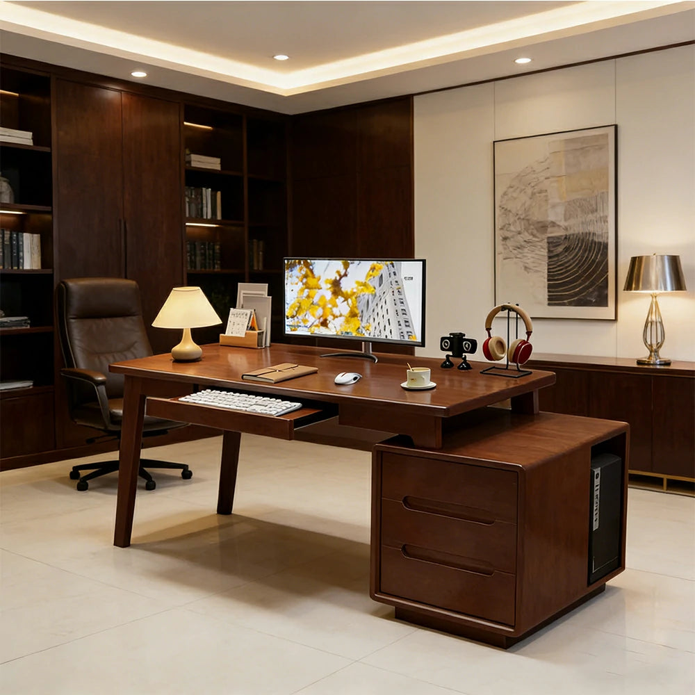 LIVARA Solid Wood Study Desk - 100/120/140cm Computer Table with Extendable Storage Cabinet & Hidden Keyboard Tray for Home Office - Walnut