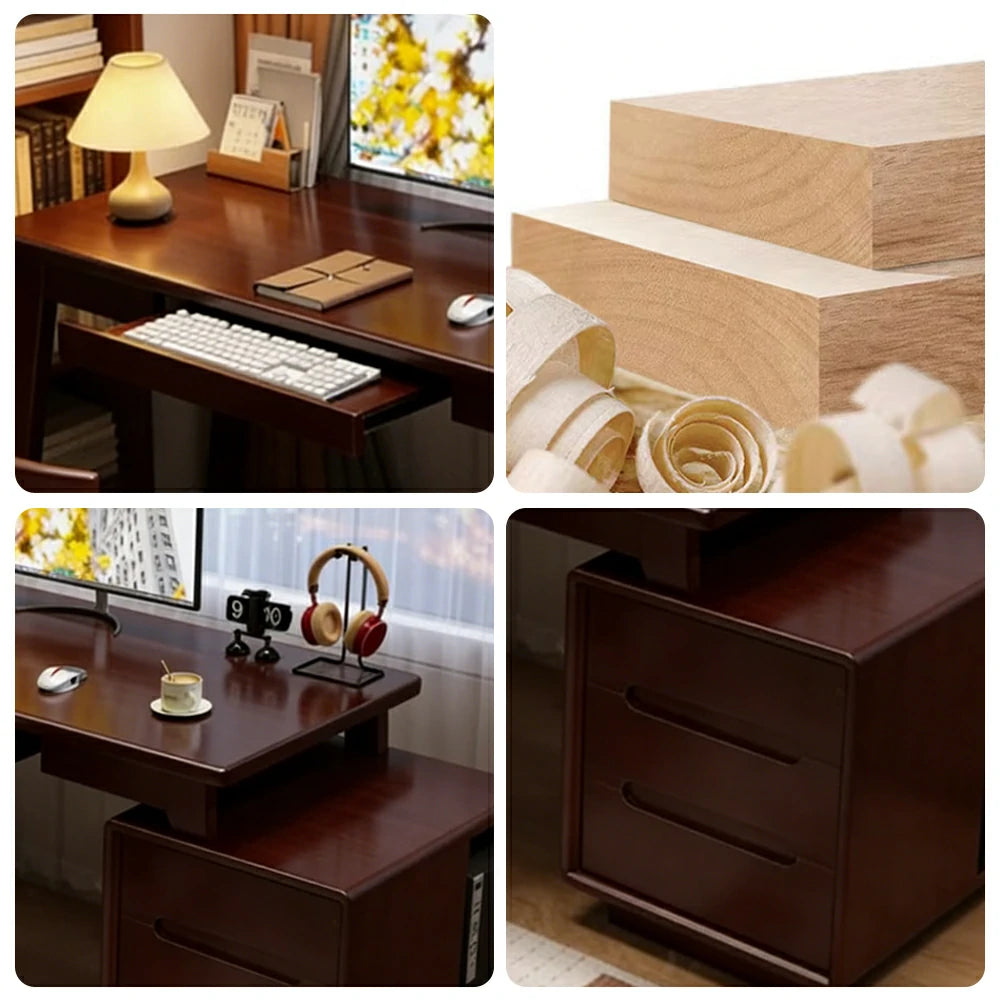 LIVARA Solid Wood Study Desk - 100/120/140cm Computer Table with Extendable Storage Cabinet & Hidden Keyboard Tray for Home Office - Walnut