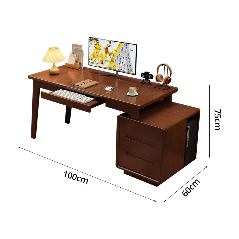 LIVARA Solid Wood Study Desk - 100/120/140cm Computer Table with Extendable Storage Cabinet & Hidden Keyboard Tray for Home Office - Walnut