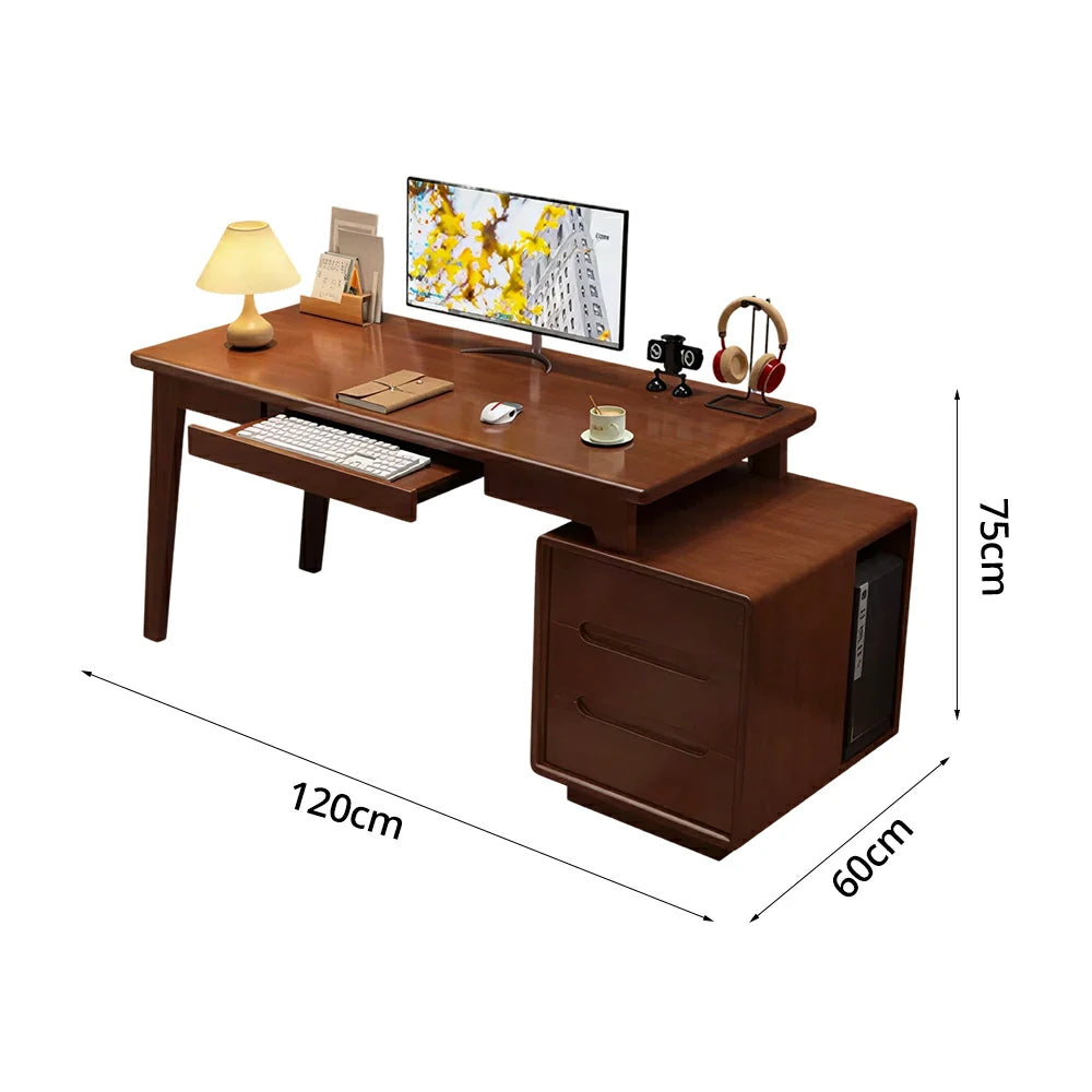 LIVARA Solid Wood Study Desk - 100/120/140cm Computer Table with Extendable Storage Cabinet & Hidden Keyboard Tray for Home Office - Walnut