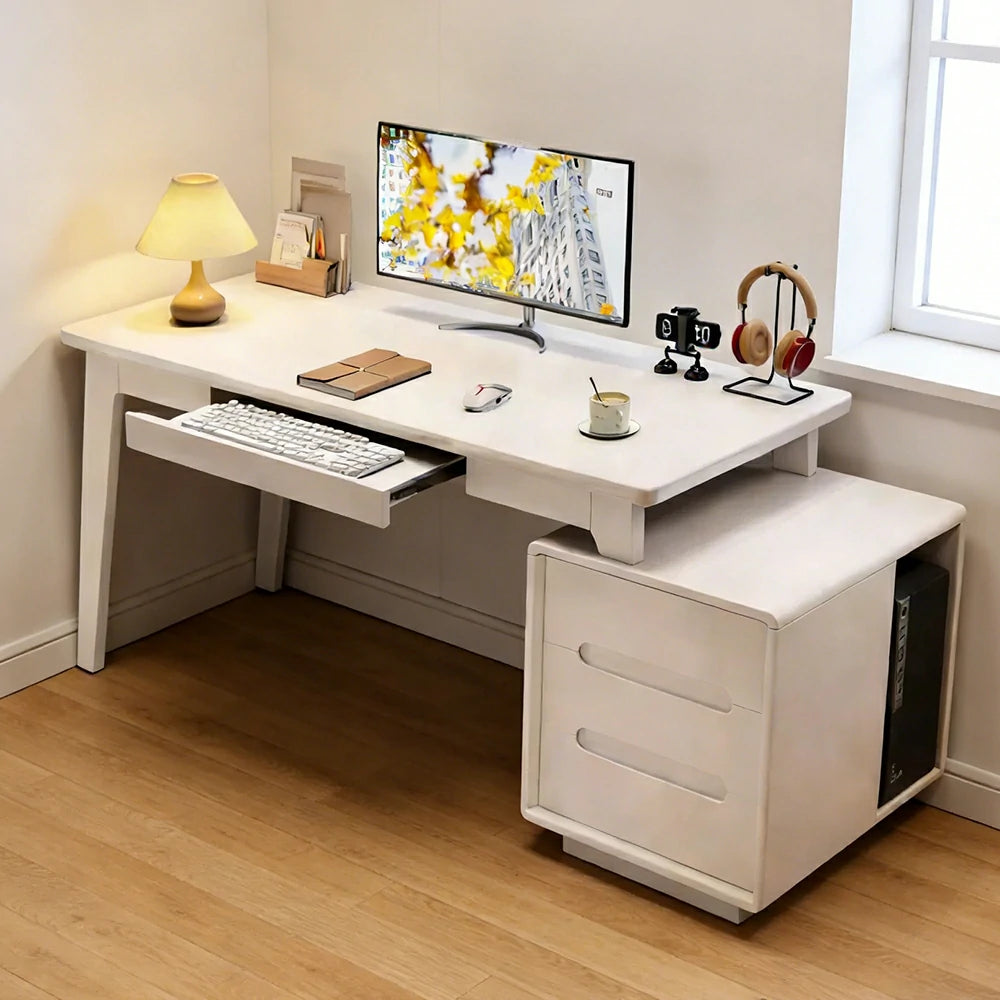 LIVARA Solid Wood Study Desk - 100/120/140cm Computer Table with Extendable Storage Cabinet & Hidden Keyboard Tray for Home Office - White