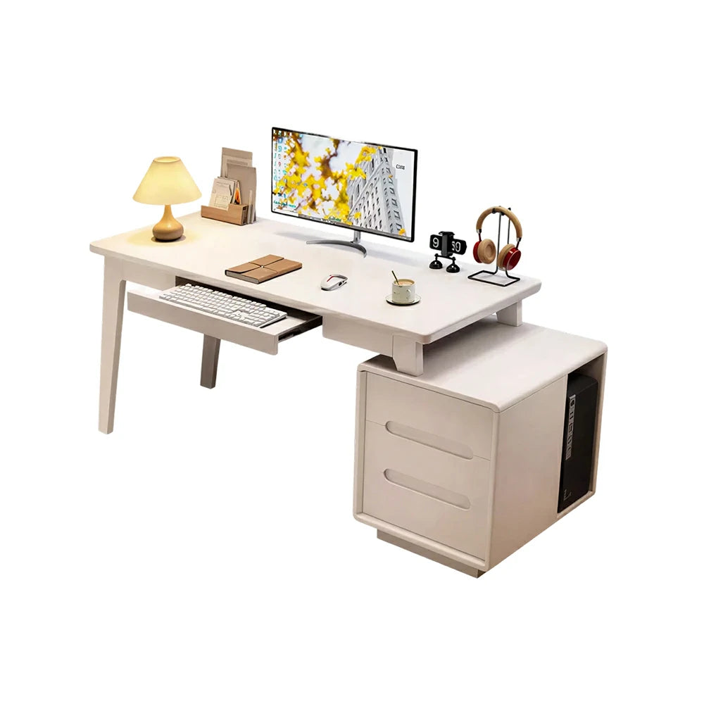 LIVARA Solid Wood Study Desk - 100/120/140cm Computer Table with Extendable Storage Cabinet & Hidden Keyboard Tray for Home Office - White