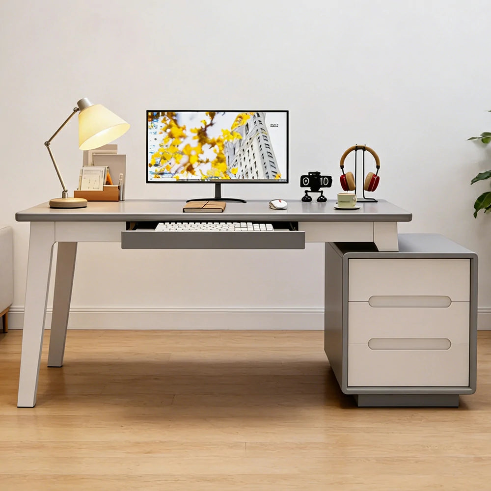 LIVARA Solid Wood Study Desk - 100/120/140cm Computer Table with Extendable Storage Cabinet & Hidden Keyboard Tray for Home Office - Grey