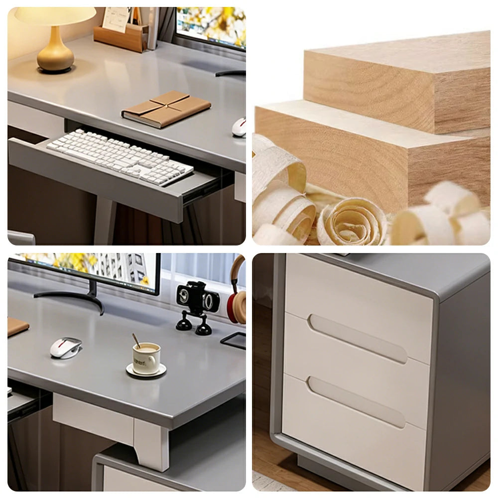 LIVARA Solid Wood Study Desk - 100/120/140cm Computer Table with Extendable Storage Cabinet & Hidden Keyboard Tray for Home Office - Grey