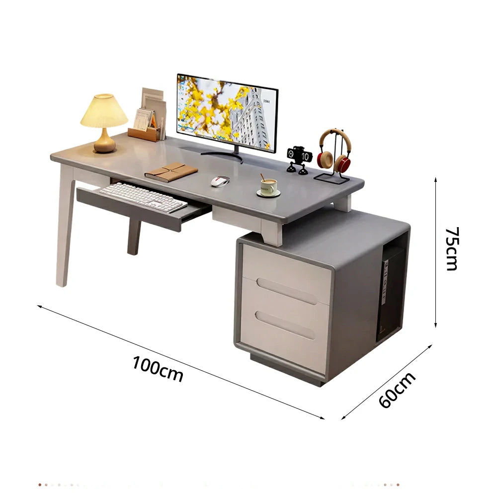 LIVARA Solid Wood Study Desk - 100/120/140cm Computer Table with Extendable Storage Cabinet & Hidden Keyboard Tray for Home Office - Grey