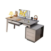 LIVARA Solid Wood Study Desk - 100/120/140cm Computer Table with Extendable Storage Cabinet & Hidden Keyboard Tray for Home Office - Grey
