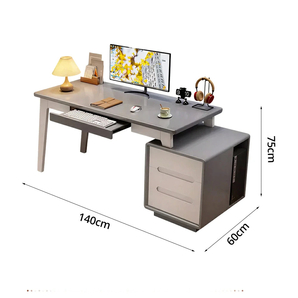 LIVARA Solid Wood Study Desk - 100/120/140cm Computer Table with Extendable Storage Cabinet & Hidden Keyboard Tray for Home Office - Grey