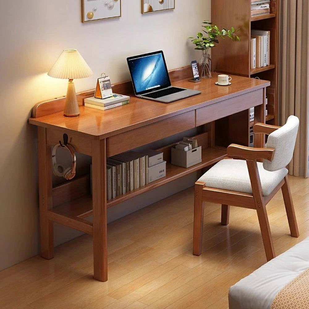 LIVARA Solid Wood Study Desk - 100/120/140cm Computer Table with Storage Drawer & Open Shelf, Sturdy Hardwood Design for Home Office - Walnut