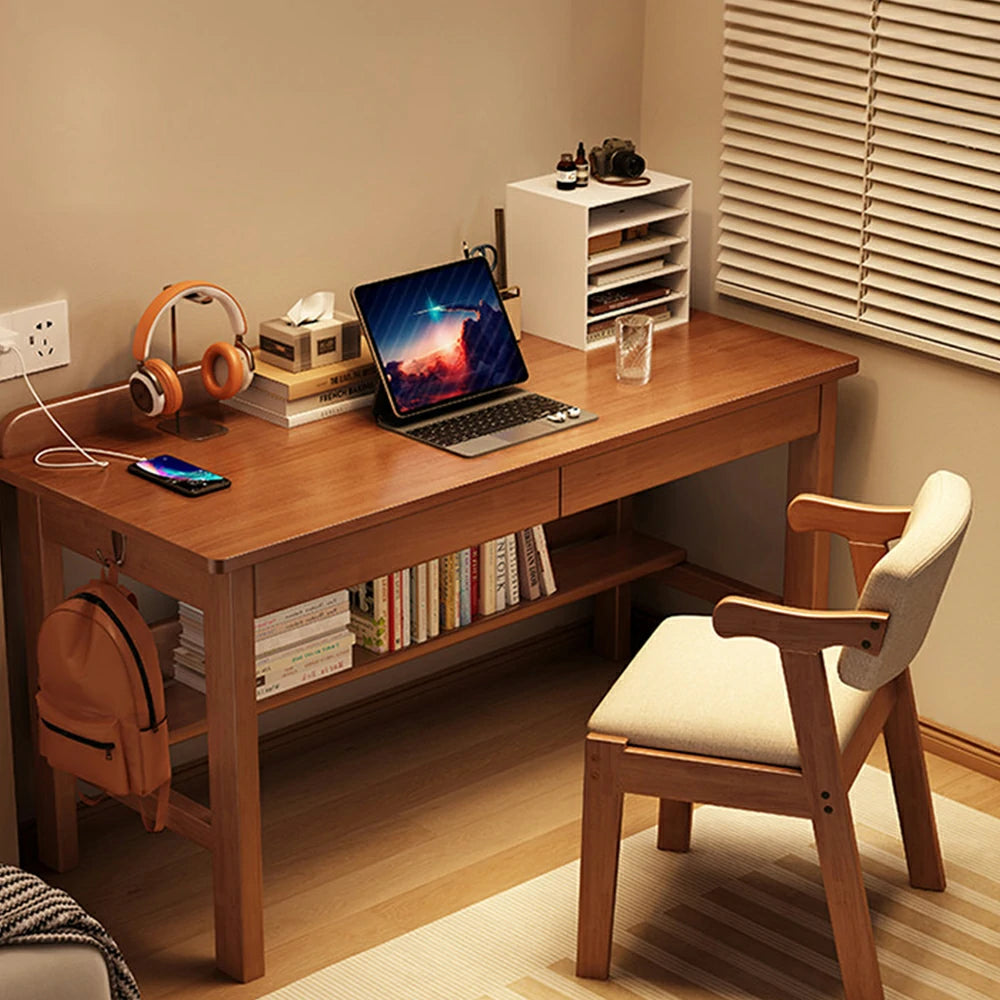 LIVARA Solid Wood Study Desk - 100/120/140cm Computer Table with Storage Drawer & Open Shelf, Sturdy Hardwood Design for Home Office - Walnut