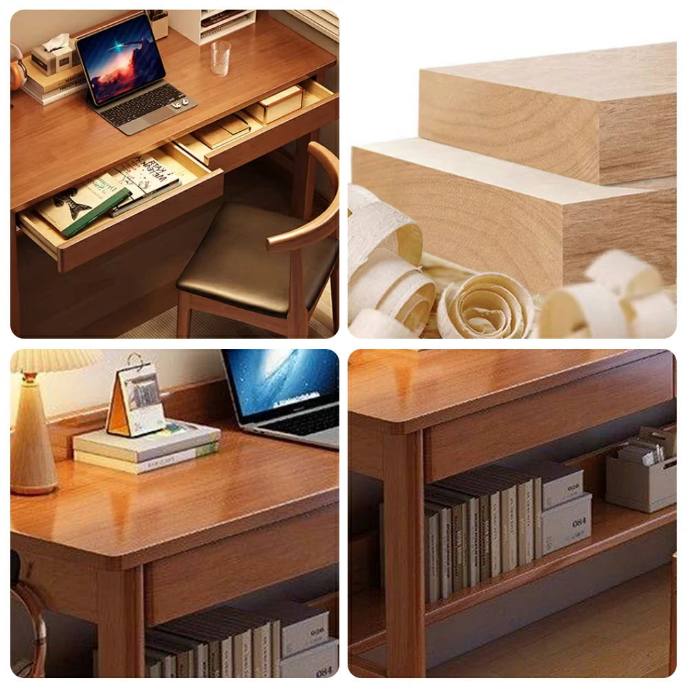 LIVARA Solid Wood Study Desk - 100/120/140cm Computer Table with Storage Drawer & Open Shelf, Sturdy Hardwood Design for Home Office - Walnut
