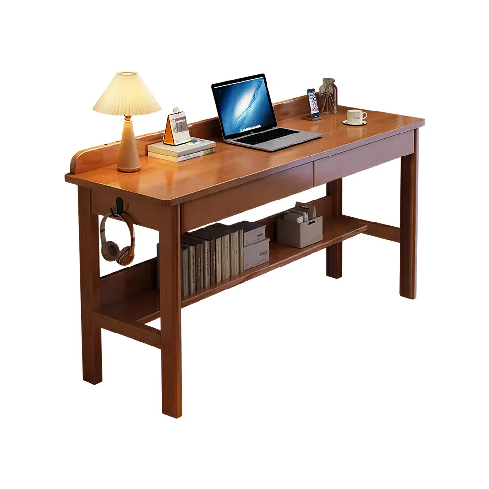 LIVARA Solid Wood Study Desk - 100/120/140cm Computer Table with Storage Drawer & Open Shelf, Sturdy Hardwood Design for Home Office - Walnut