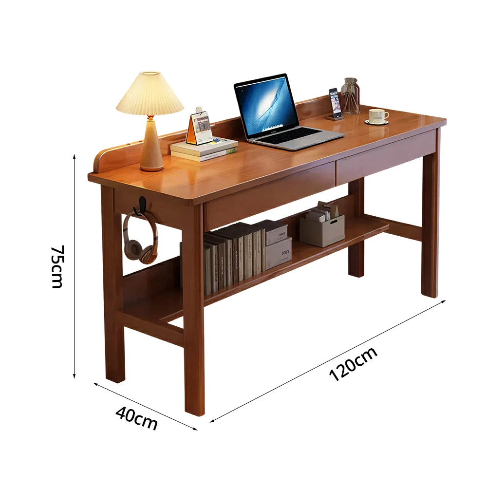 LIVARA Solid Wood Study Desk - 100/120/140cm Computer Table with Storage Drawer & Open Shelf, Sturdy Hardwood Design for Home Office - Walnut