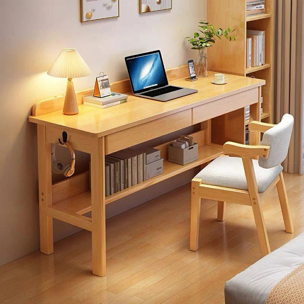 LIVARA Solid Wood Study Desk - 100/120/140cm Computer Table with Storage Drawer & Open Shelf, Sturdy Hardwood Design for Home Office - Wood