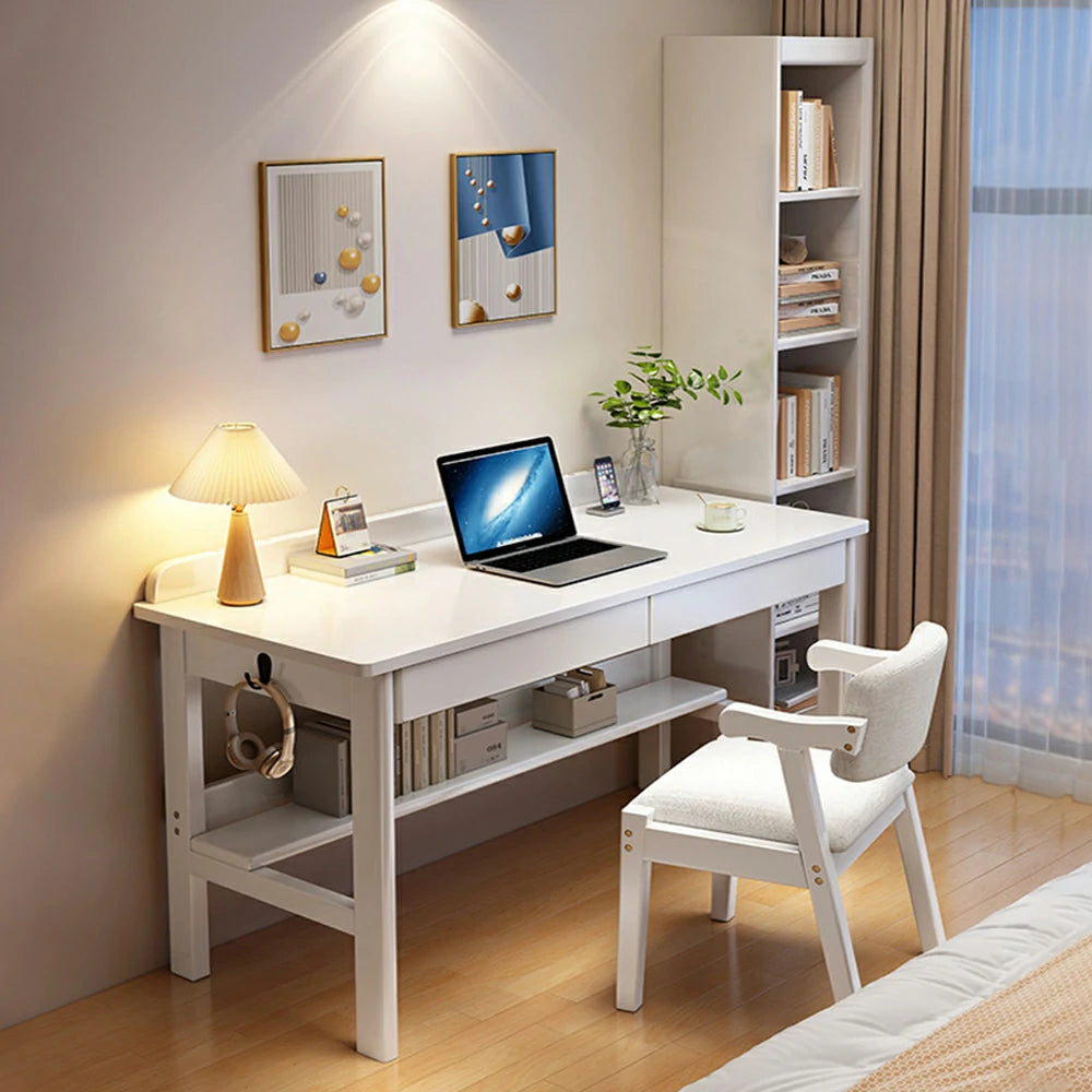 LIVARA Solid Wood Study Desk - 100/120/140cm Computer Table with Storage Drawer & Open Shelf, Sturdy Hardwood Design for Home Office - White