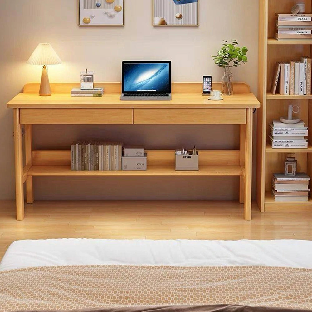 LIVARA Solid Wood Study Desk - 100/120/140cm Computer Table with Storage Drawer & Open Shelf, Sturdy Hardwood Design for Home Office - Wood