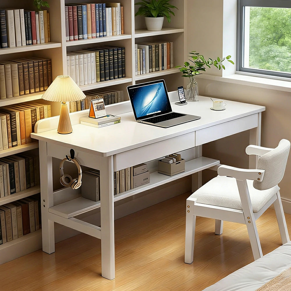 LIVARA Solid Wood Study Desk - 100/120/140cm Computer Table with Storage Drawer & Open Shelf, Sturdy Hardwood Design for Home Office - White