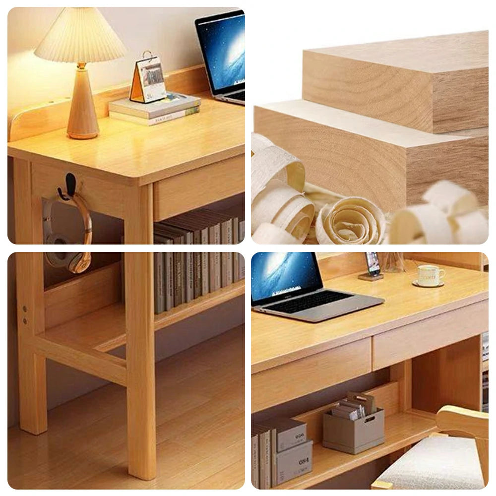 LIVARA Solid Wood Study Desk - 100/120/140cm Computer Table with Storage Drawer & Open Shelf, Sturdy Hardwood Design for Home Office - Wood