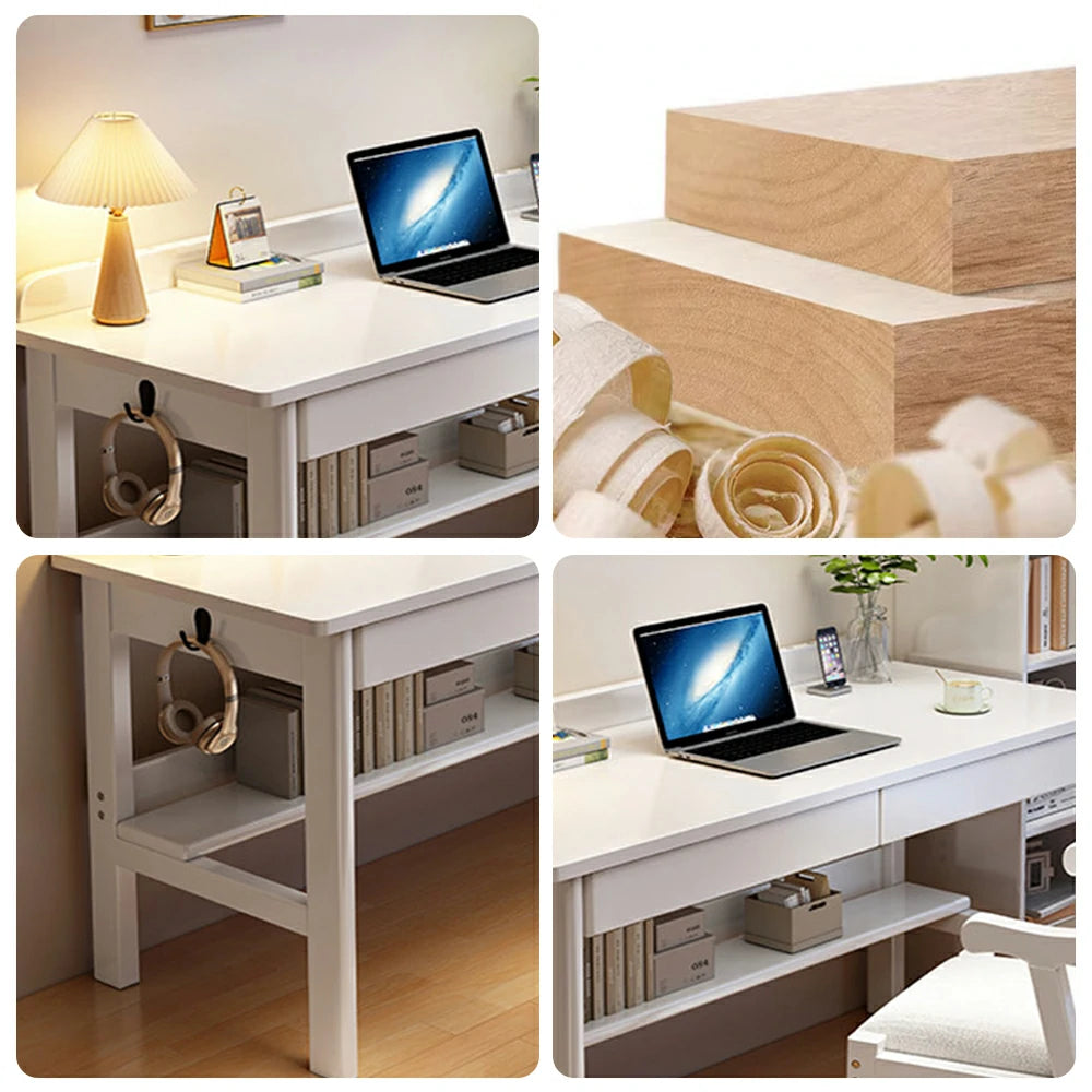 LIVARA Solid Wood Study Desk - 100/120/140cm Computer Table with Storage Drawer & Open Shelf, Sturdy Hardwood Design for Home Office - White