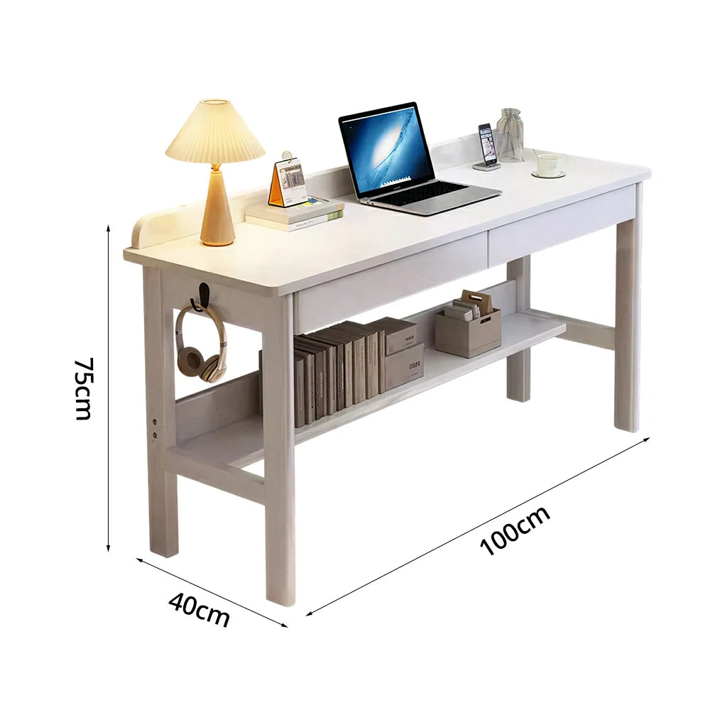 LIVARA Solid Wood Study Desk - 100/120/140cm Computer Table with Storage Drawer & Open Shelf, Sturdy Hardwood Design for Home Office - White