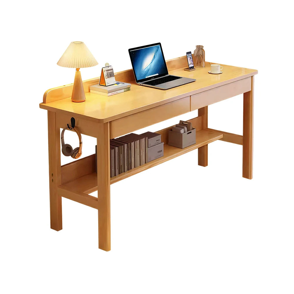 LIVARA Solid Wood Study Desk - 100/120/140cm Computer Table with Storage Drawer & Open Shelf, Sturdy Hardwood Design for Home Office - Wood