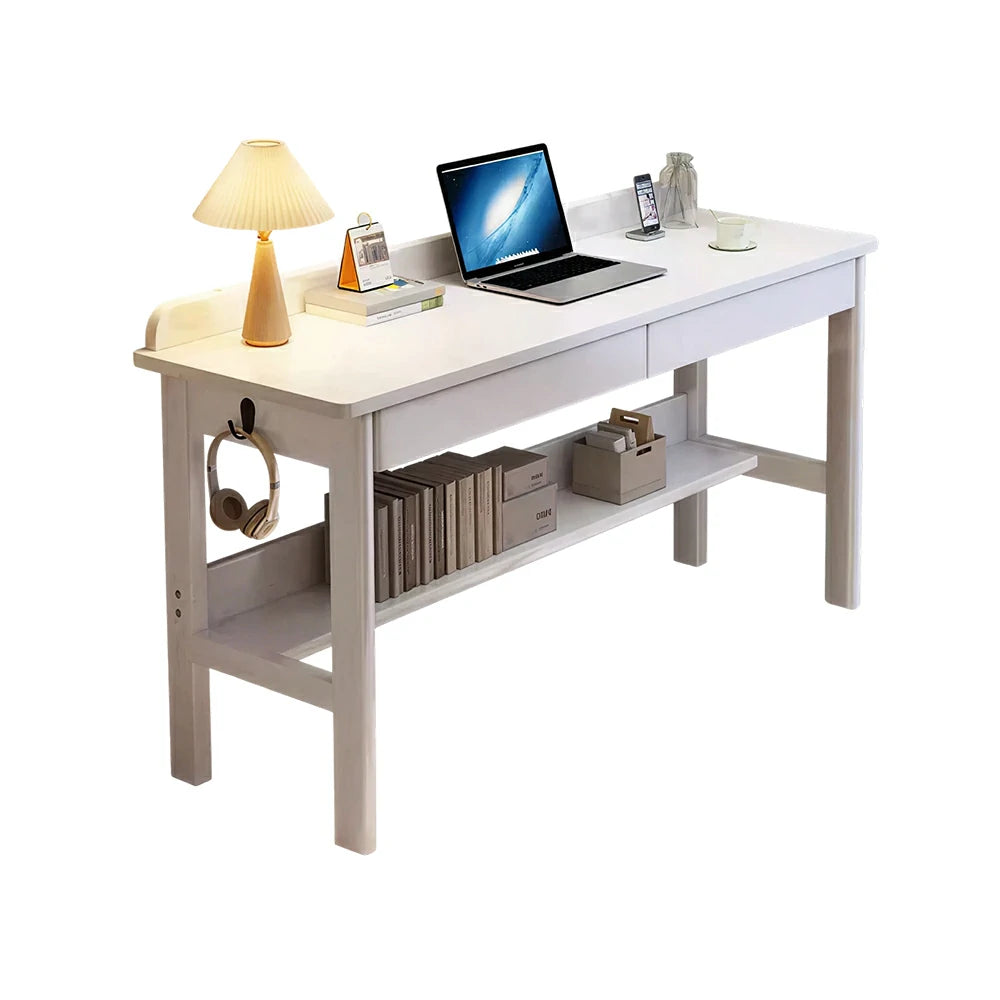 LIVARA Solid Wood Study Desk - 100/120/140cm Computer Table with Storage Drawer & Open Shelf, Sturdy Hardwood Design for Home Office - White