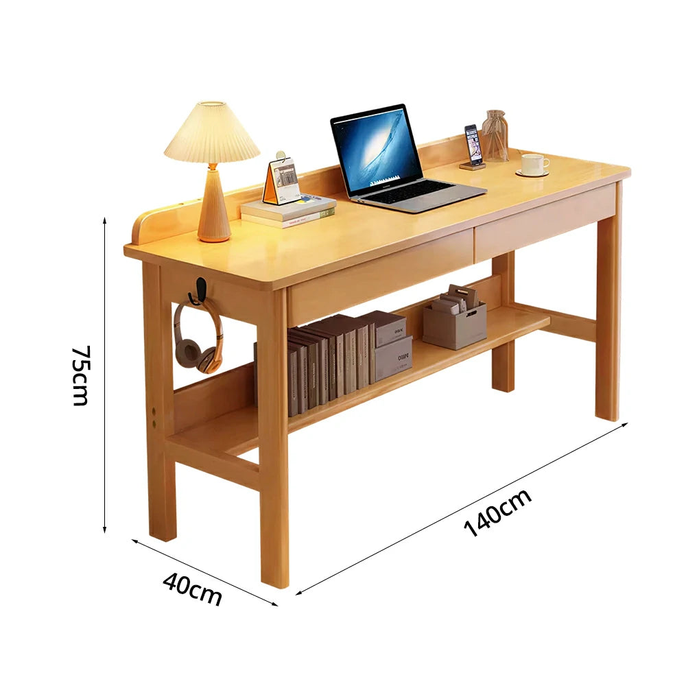 LIVARA Solid Wood Study Desk - 100/120/140cm Computer Table with Storage Drawer & Open Shelf, Sturdy Hardwood Design for Home Office - Wood