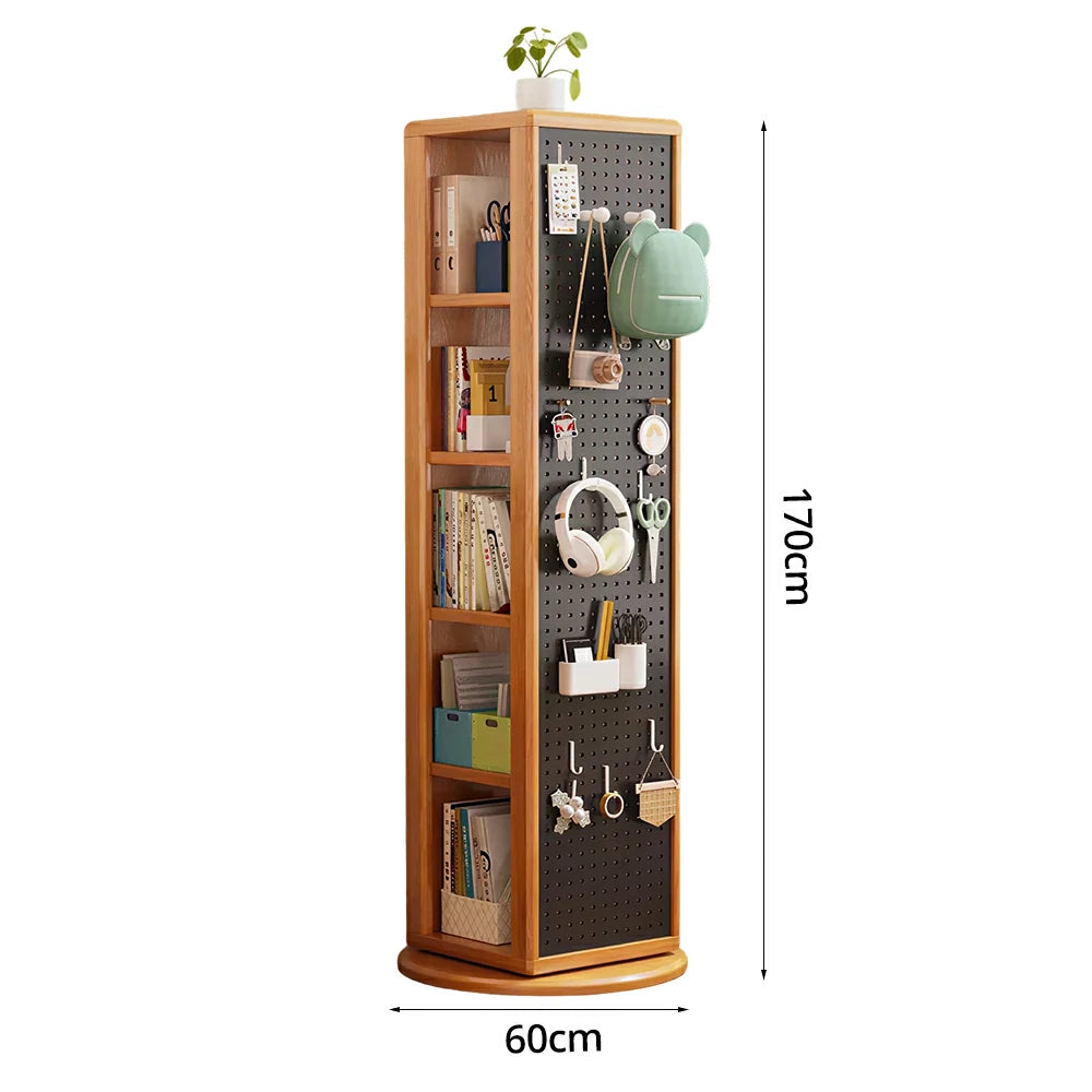 LIVARA Rotating Solid Wood Dressing Mirror & Bookshelf - Three Sixty Swivel Full-Length Mirror with Storage Shelves & Pegboard for Kids Room - Natural Wood