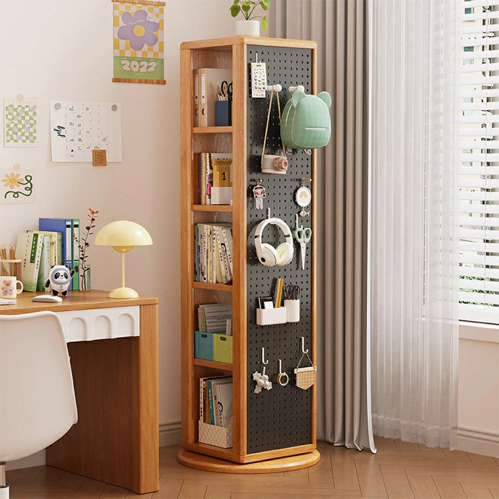 LIVARA Rotating Solid Wood Dressing Mirror & Bookshelf - Three Sixty Swivel Full-Length Mirror with Storage Shelves & Pegboard for Kids Room - Natural Wood