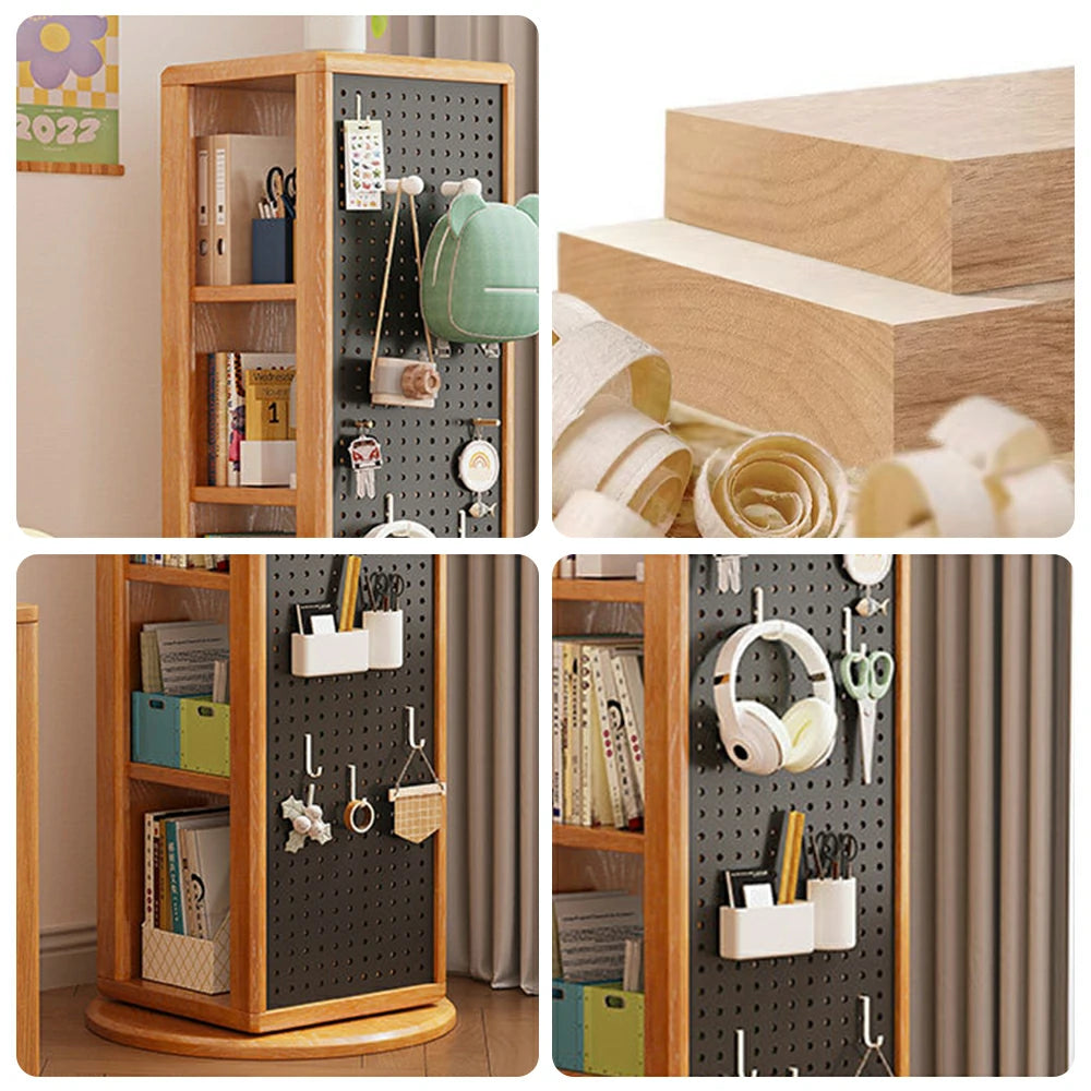 LIVARA Rotating Solid Wood Dressing Mirror & Bookshelf - Three Sixty Swivel Full-Length Mirror with Storage Shelves & Pegboard for Kids Room - Natural Wood