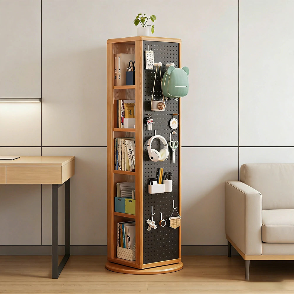 LIVARA Rotating Solid Wood Dressing Mirror & Bookshelf - Three Sixty Swivel Full-Length Mirror with Storage Shelves & Pegboard for Kids Room - Natural Wood