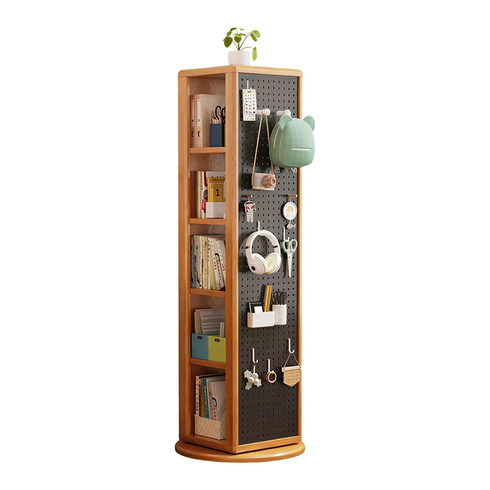 LIVARA Rotating Solid Wood Dressing Mirror & Bookshelf - Three Sixty Swivel Full-Length Mirror with Storage Shelves & Pegboard for Kids Room - Natural Wood